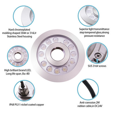 چراغ حلقه فواره LED IP68 24W فولاد ضد زنگ