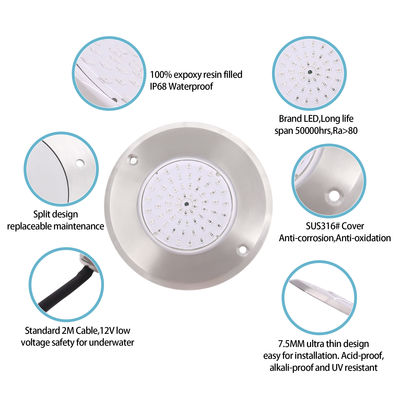 چراغ های استخر LED IP68 سفید/گرم سفید 316 پوشش فولاد ضد زنگ 6W SMD 2835 63Pcs