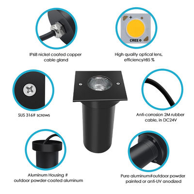 6W COB LED 85mm*85mm سیاه آلومینیوم ساختمان مربع شکل زیرزمینی دفن چراغ LED برای باغ های بیرونی حیاط