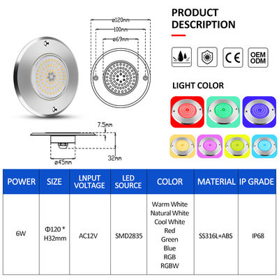 RGB Ultra Slim IP68 نورپردازی استخر شنا LED SS316 خانه نوع یکپارچه SMD2835 6W