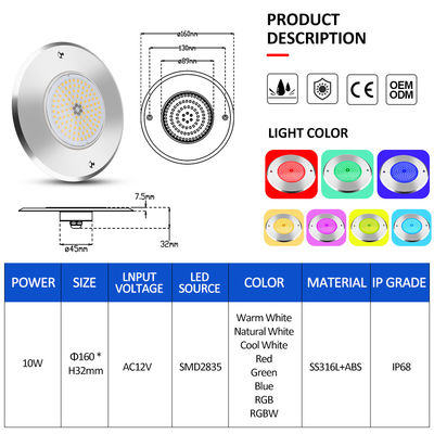 چراغ استخر زیرزمینی LED DIA160MM * 32MM AC12V 316 فولاد ضد زنگ با کنترل کننده RGB