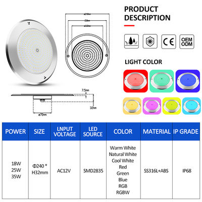 SUS316 پوشش نصب IP68 DC12V 3000K زیر آب LED SPA چراغ استخر
