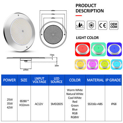 چراغ های زیر آب استخر شنا 316 فولاد ضد زنگ 25W Smd2835 رزین پر شده 3000K RGB لامپ استخر شنا SMD 2835 AC 12v IP68 کاملا ضد آب