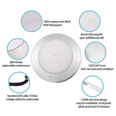 ضد آب PAR56 چراغ LED استخر 316SS خانه Ultra Thin 7.5mm رزین پر شده دیوار نصب شده 230MM 18W 25W DC AC12V