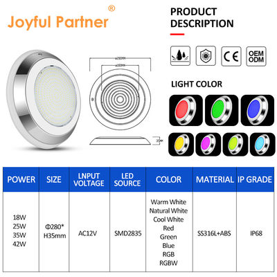 چراغ استخر شنا زیر آب AC12V فولاد ضد زنگ تغییر رنگ دیوار نصب شده RGB ø280 * 35mm