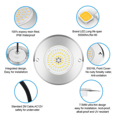 چراغ استخر LED RGB Par 56 با توان 6 وات، 10 وات، 18 وات، 25 وات، 35 وات، 42 وات، فوق العاده نازک 7.5 میلی متری، فوق العاده باریک، رزین پر شده، ولتاژ 12 ولت AC، LED SMD با جنس SS316L