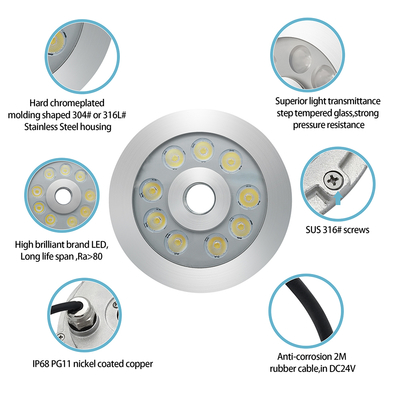 چراغ فواره ای LED 316 فولاد ضد زنگ RGB رنگ تک رنگ 170 * 61MM DC12V / 24V IP68 ضد آب