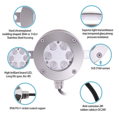 چراغ فواره LED قابل کنترل DMX512 DC24V 12W 3000K فولاد ضد زنگ IP68 برای منظره زیر آب