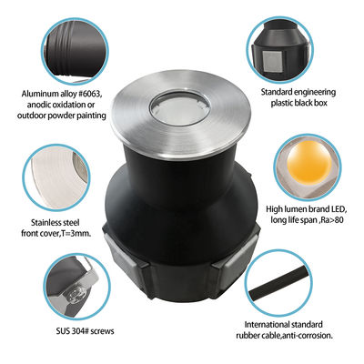 نور زیرزمینی IP67 درخشان ولتاژ پایین 1W 3W 3000K DC24v شکل مربع گرد با پوشش جلو فولاد ضد زنگ