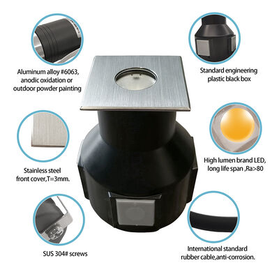 نور زیرزمینی متراکم ضد آب 3000K 55 * 55MM 24V DC IP67 SS316L شکل مربع با شیشه ی یخ زده