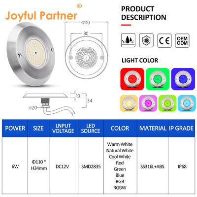 6W Ultra Slim Underwater PAR56 لامپ استخر SMD LED 2835 ضد آب 110x34MM DC12V/AC12V
