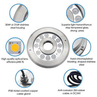 چراغ فواره ای زیر آب LED سفید گرم 12 ولت 12 وات SS 316 با طول کابل 2 متر