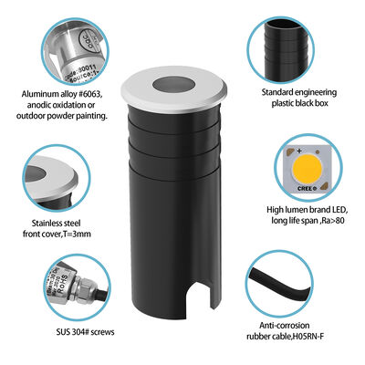 LED Uplight 316 پوشش فولاد ضد زنگ آلومینیوم لامپ بدن شیشه گرم IP67 1W گرم سفید 3000K